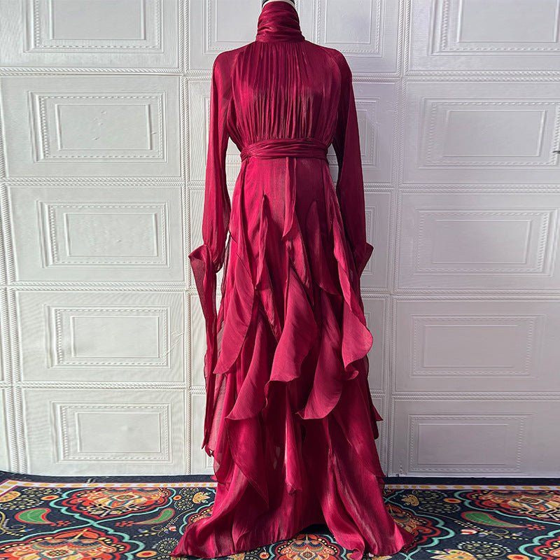 Cascading Ruffle Gown | High Neck Tie - Waist Maxi Dress(MS231) - Mariam's Collection