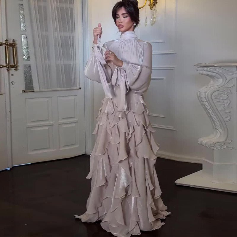 Cascading Ruffle Gown | High Neck Tie - Waist Maxi Dress(MS231) - Mariam's Collection