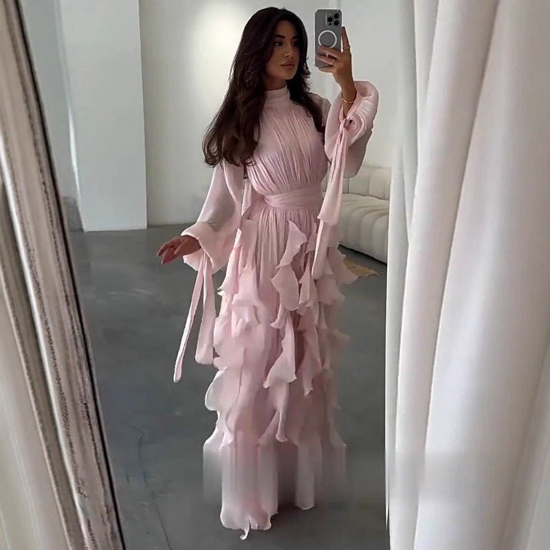 Cascading Ruffle Gown | High Neck Tie - Waist Maxi Dress(MS231) - Mariam's Collection