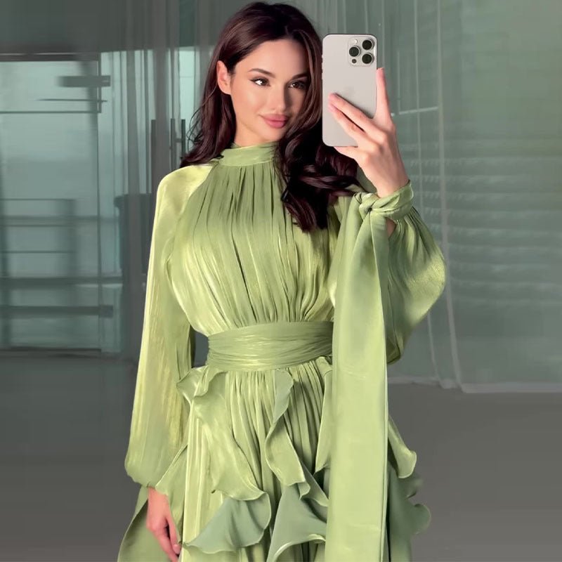 Cascading Ruffle Gown | High Neck Tie - Waist Maxi Dress(MS231) - Mariam's Collection