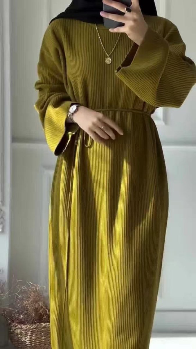 Casual Knitted Modest Dress with Flared Sleeves - Muslim - Friendly Crew Neck Pullover Maxi Dress with Belt(MS104) - Mariam's Collection