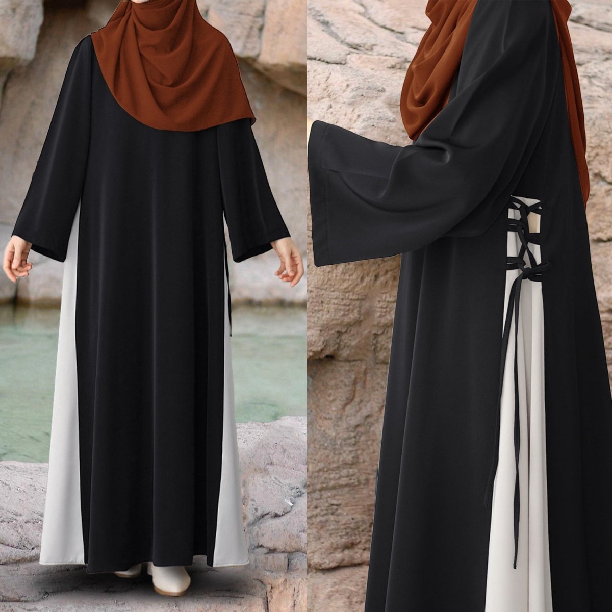 Colorblock Side - Tie Abaya | Two - Tone Round Neck Maxi Dress(MA362) - Mariam's Collection