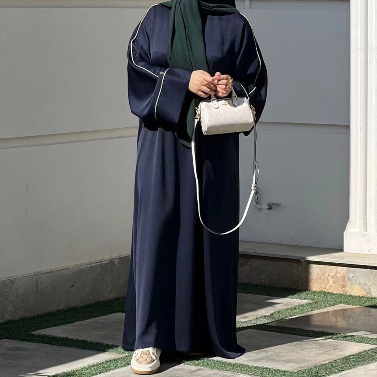 Contrast Colour Trimmed Robe - Modest Casual Dress with Flared Sleeves(MA280) - Mariam's Collection