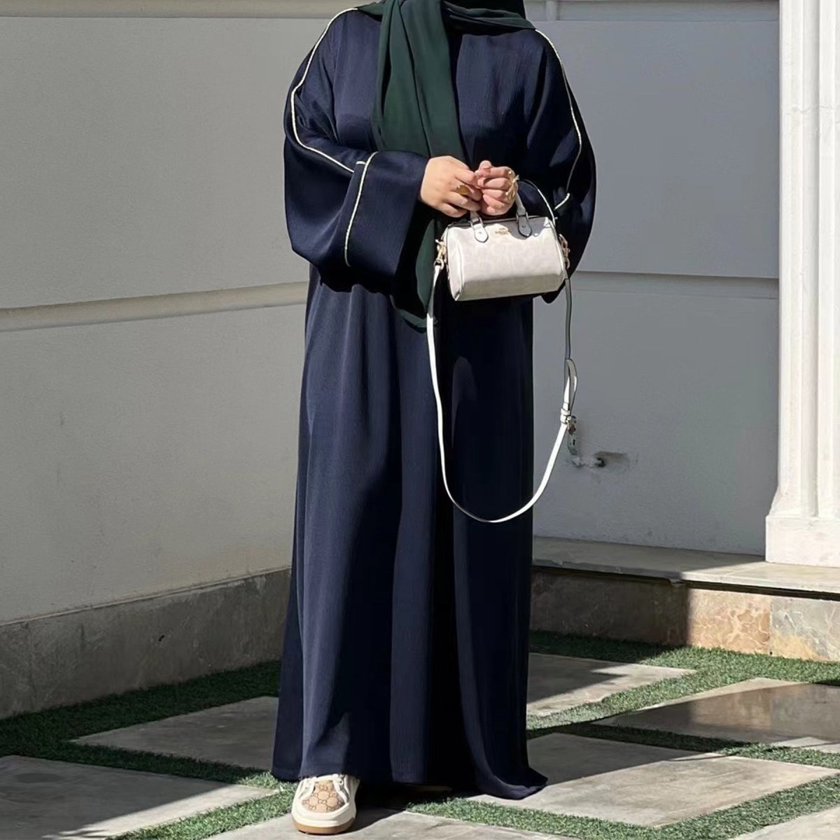 Contrast Colour Trimmed Robe - Modest Casual Dress with Flared Sleeves(MA280) - Mariam's Collection