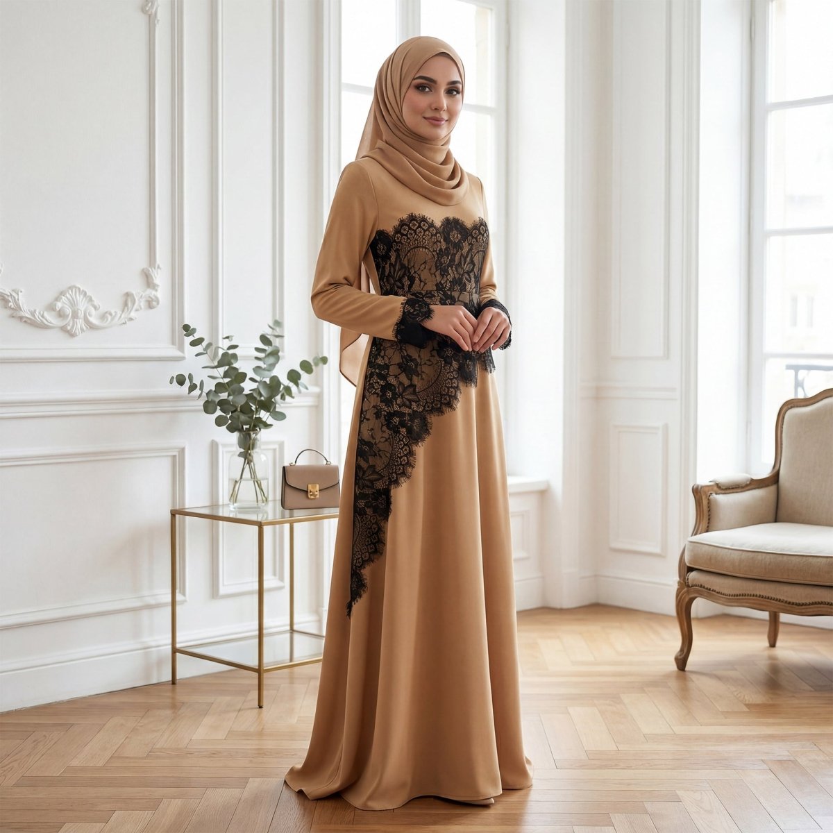 Front view of asymmetric black lace waist panel on floor-length maxi dress