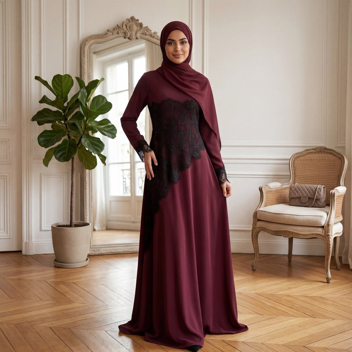 Contrast Lace Waist Panel Maxi Dress – Modest Lace Maxi Dress