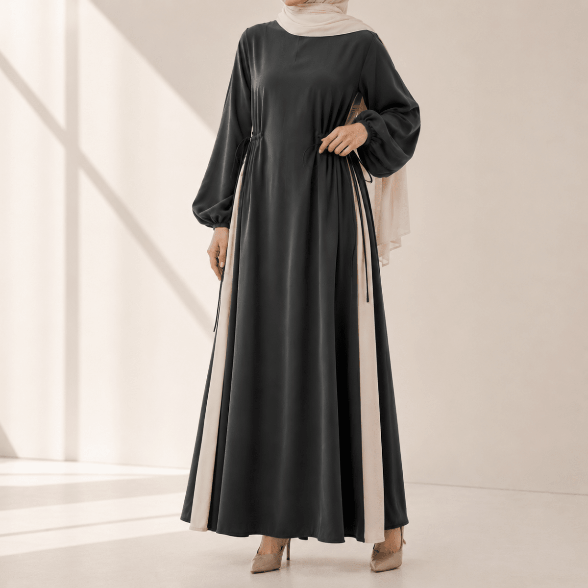 Contrast Panel Balloon Sleeve Abaya – Drawstring Abaya