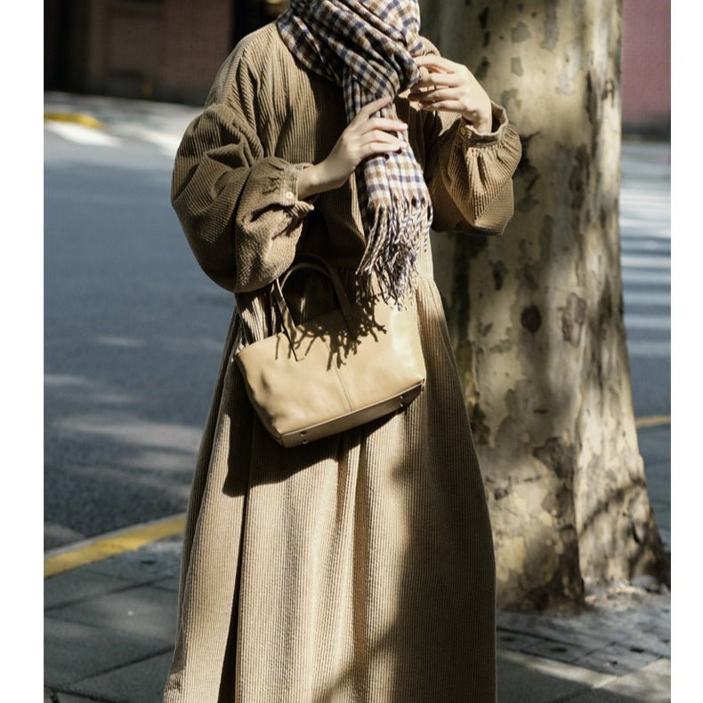 Corduroy Bubble Sleeve Maxi Dress with Pockets | Vintage Soft Corduroy Winter Dress
