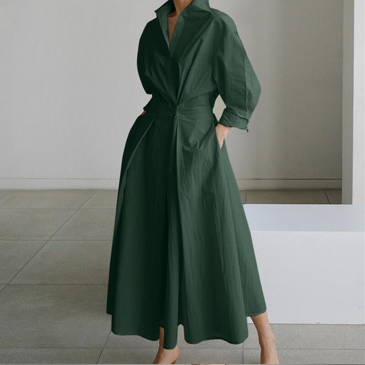 Cotton Linen Polo Collar Long Sleeve Maxi Dress(MS116) - Mariam's Collection