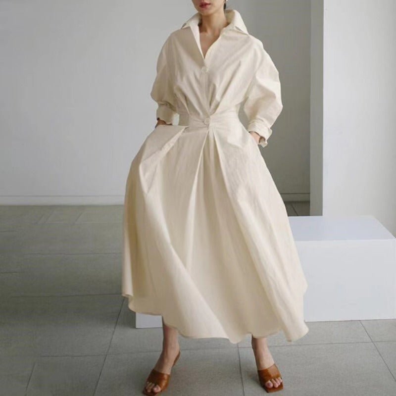Cotton Linen Polo Collar Long Sleeve Maxi Dress(MS116) - Mariam's Collection