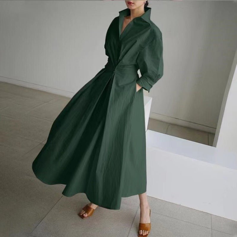 Cotton Linen Polo Collar Long Sleeve Maxi Dress(MS116) - Mariam's Collection
