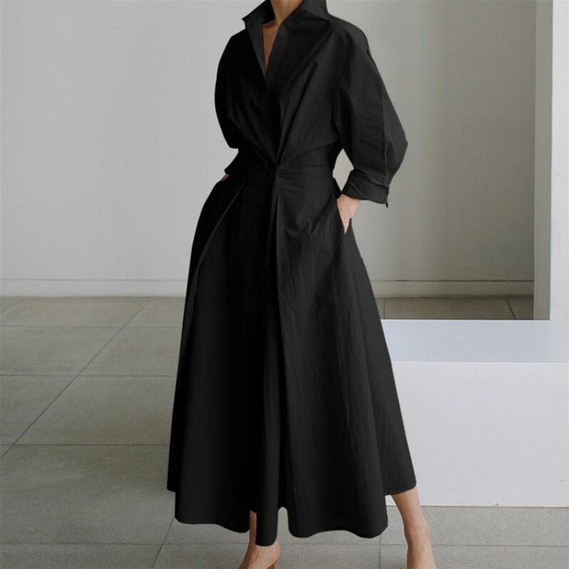 Cotton Linen Polo Collar Long Sleeve Maxi Dress(MS116) - Mariam's Collection