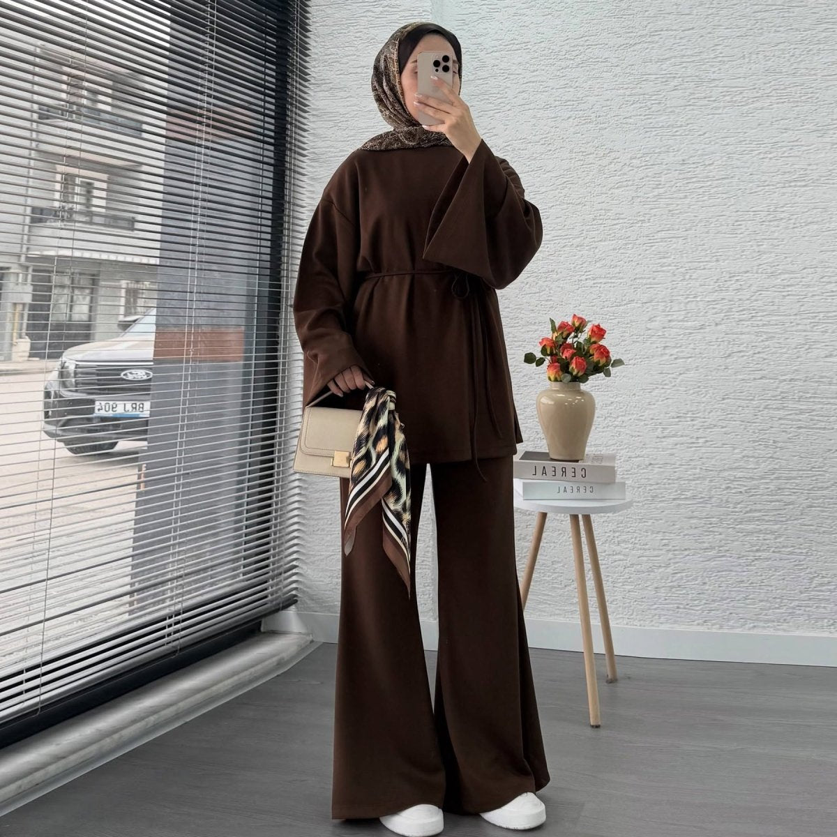 Cotton Two - Piece Set | Belted Tunic Top & Pants(MS279) - Mariam's Collection