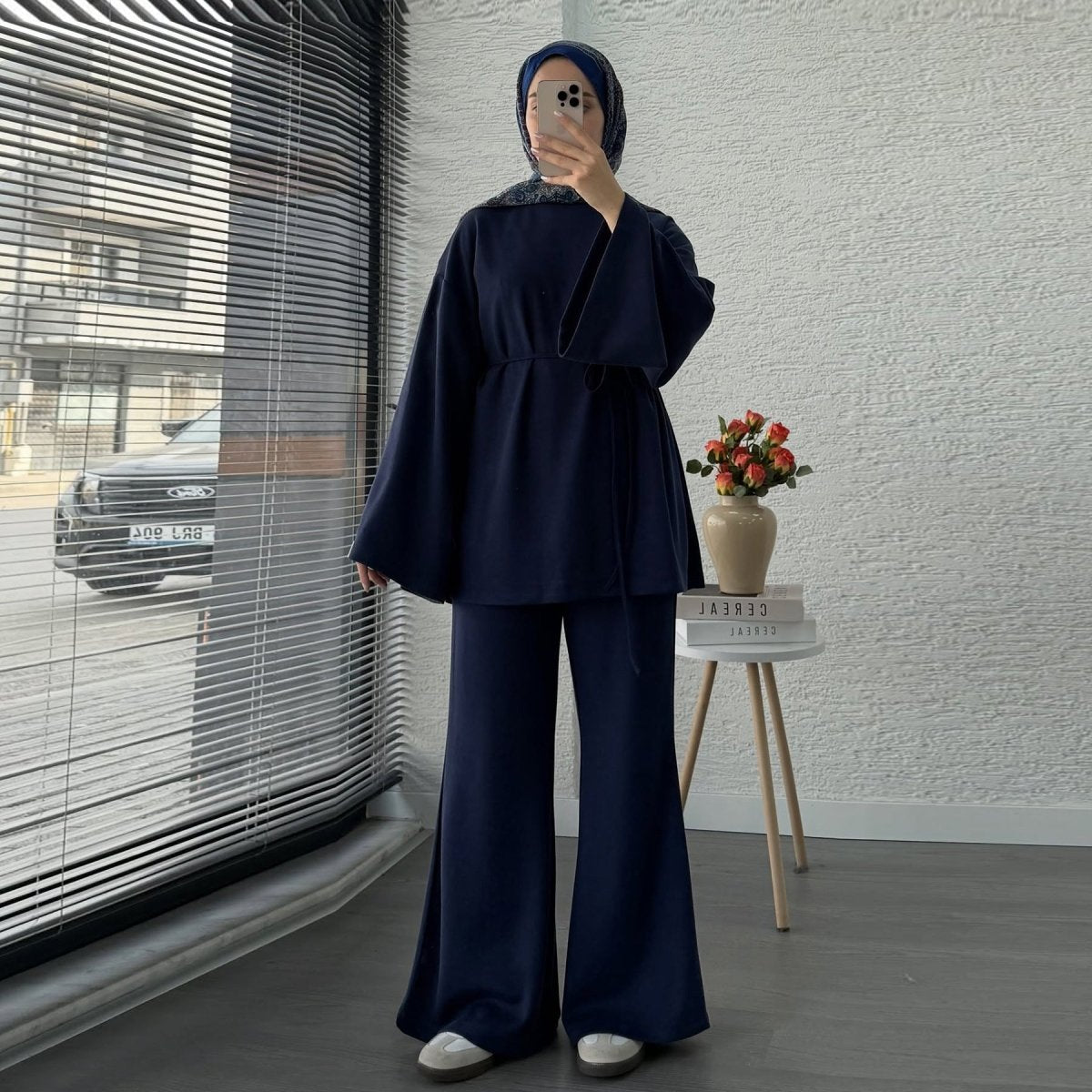 Cotton Two - Piece Set | Belted Tunic Top & Pants(MS279) - Mariam's Collection