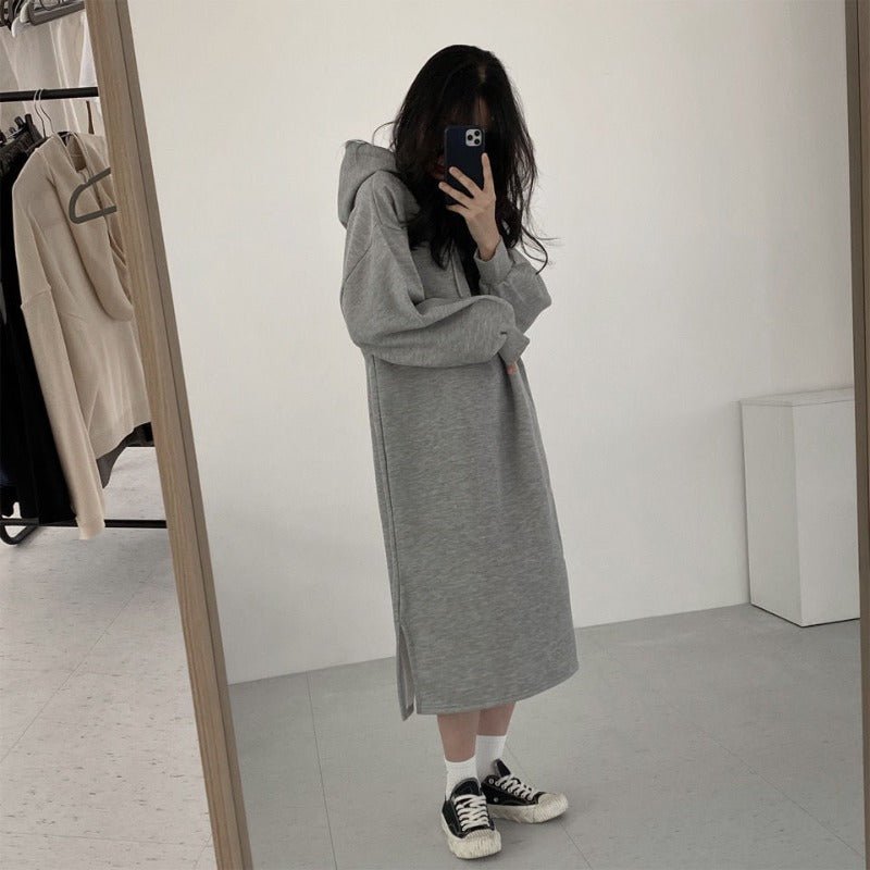 Cozy Hooded Pullover Maxi Dress | Mid - Length Fleece Lined Dress with Side Slits(MS137) - Mariam's Collection