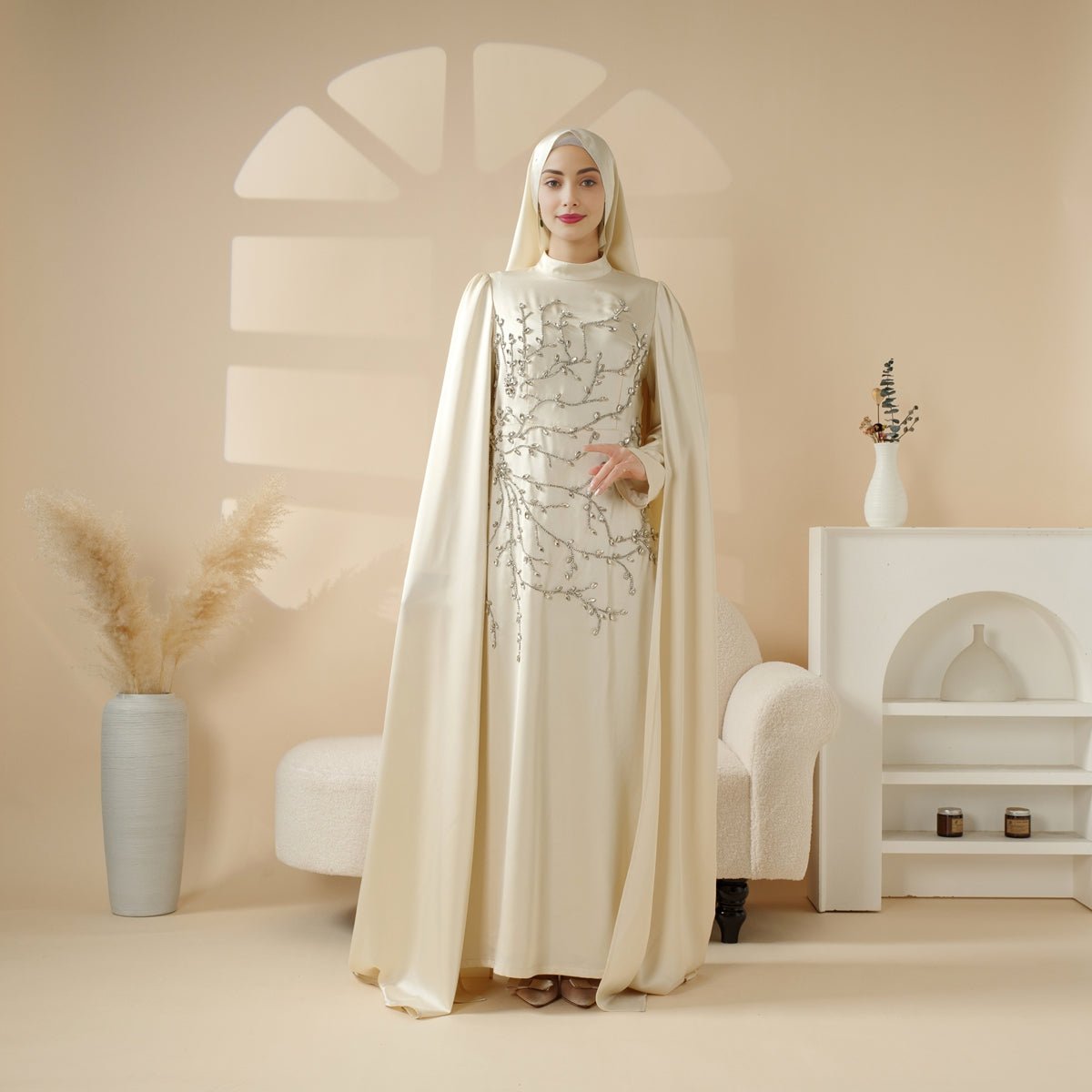 Crowdfunding Exclusive: Luxury Hand - Embellished Cape Abaya – Champagne Ivory (MA144) - Mariam's Collection