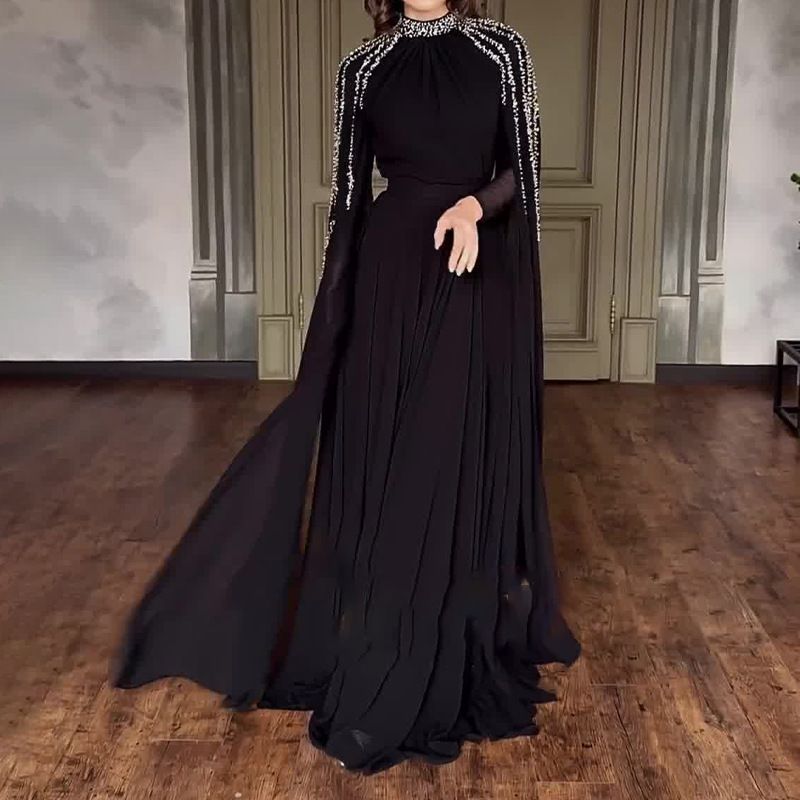 Crystal Cascade Cape Gown | Dramatic Embellished Evening Abay(MA345) - Mariam's Collection