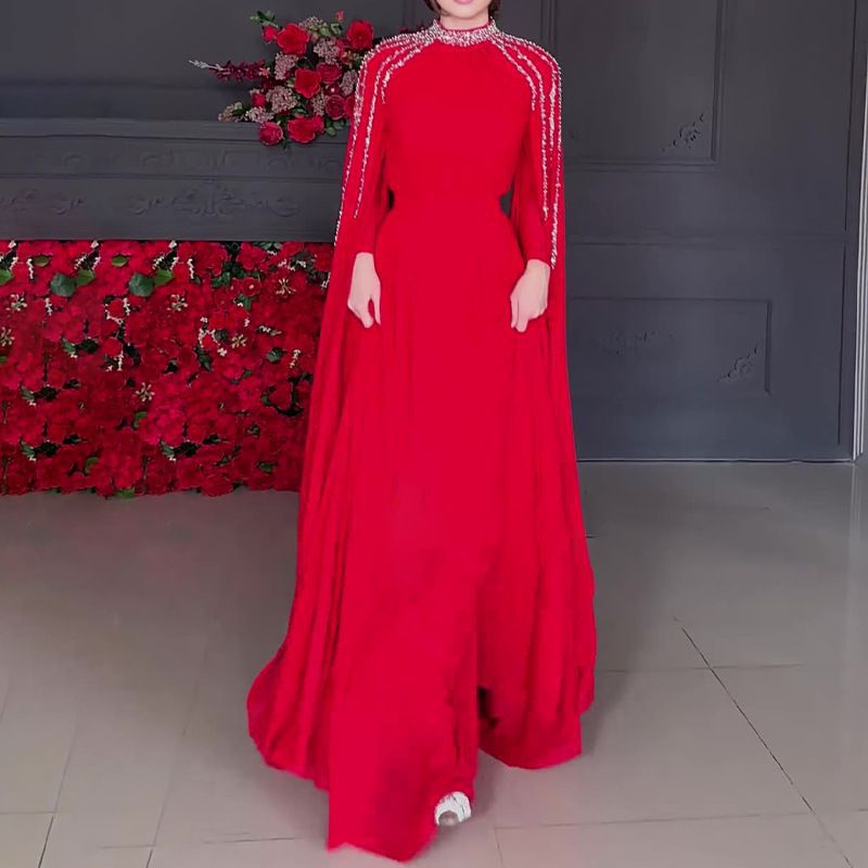 Crystal Cascade Cape Gown | Dramatic Embellished Evening Abay(MA345) - Mariam's Collection