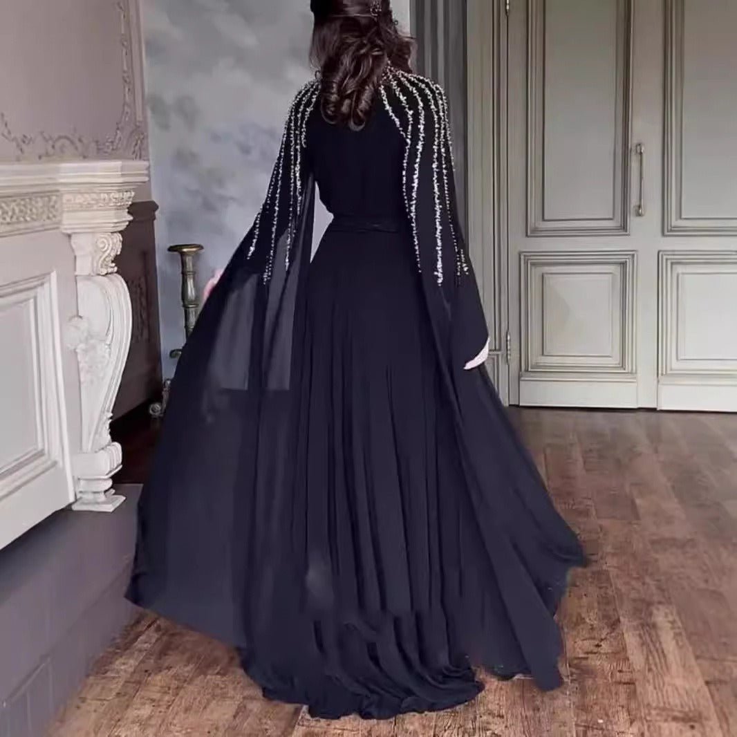 Crystal Cascade Cape Gown | Dramatic Embellished Evening Abay(MA345) - Mariam's Collection