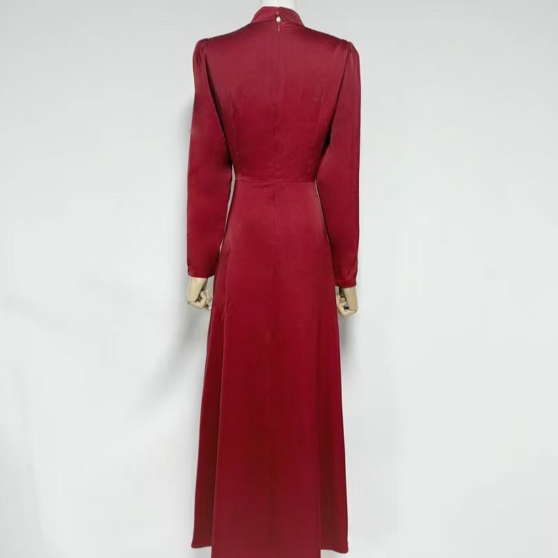 Full-length back view of asymmetric ruffle formal gown