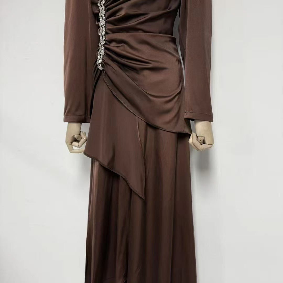 Three-quarter view of crystal-embellished ruched dress for gala events