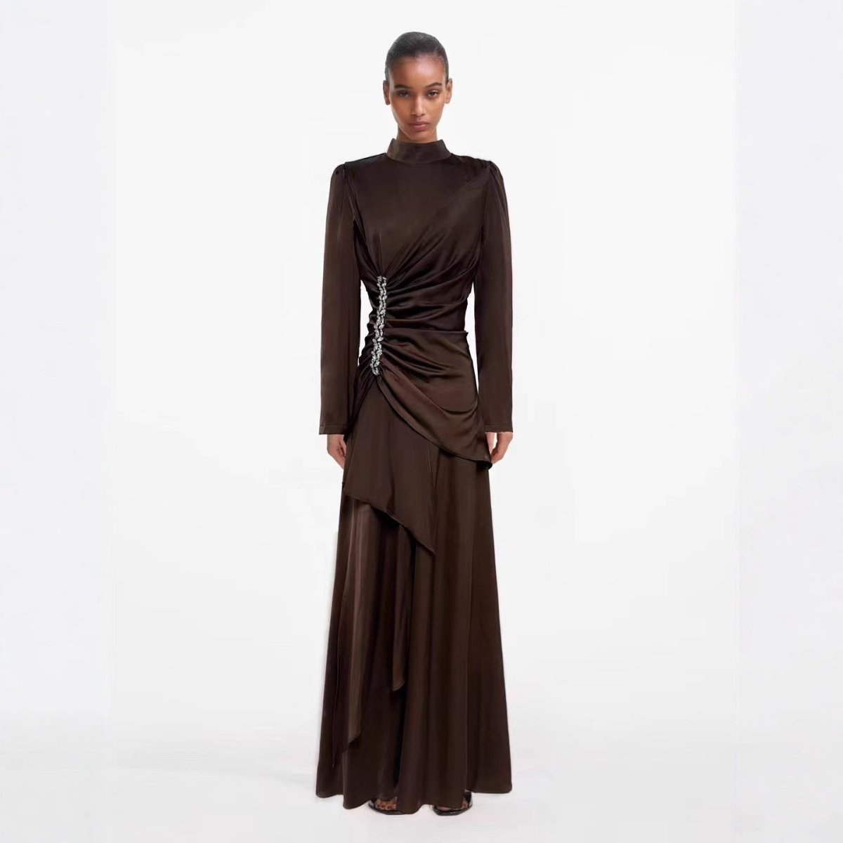 Crystal Ruched Dress – Asymmetric Ruffle Skirt Formal Dress