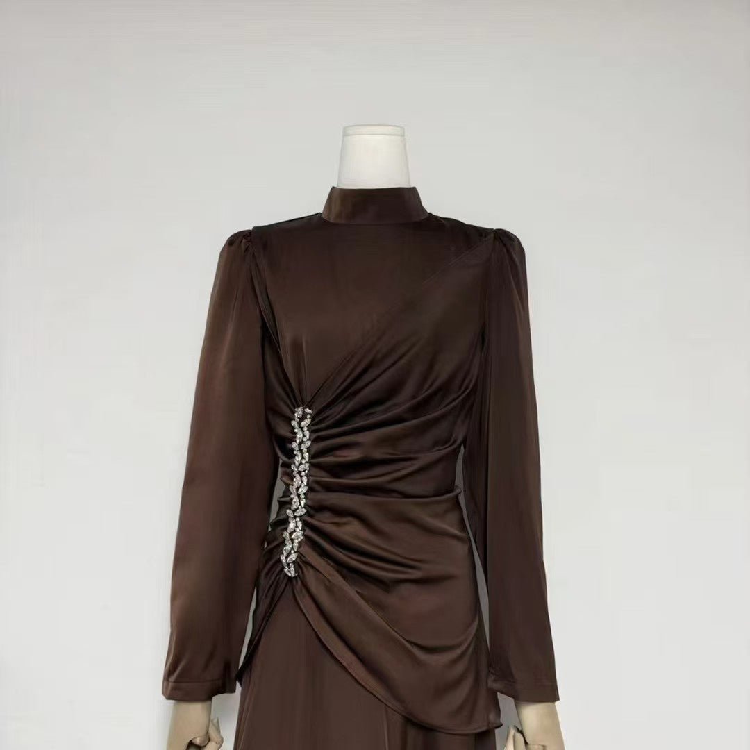 Slimming side ruched silhouette on satin maxi dress for weddings