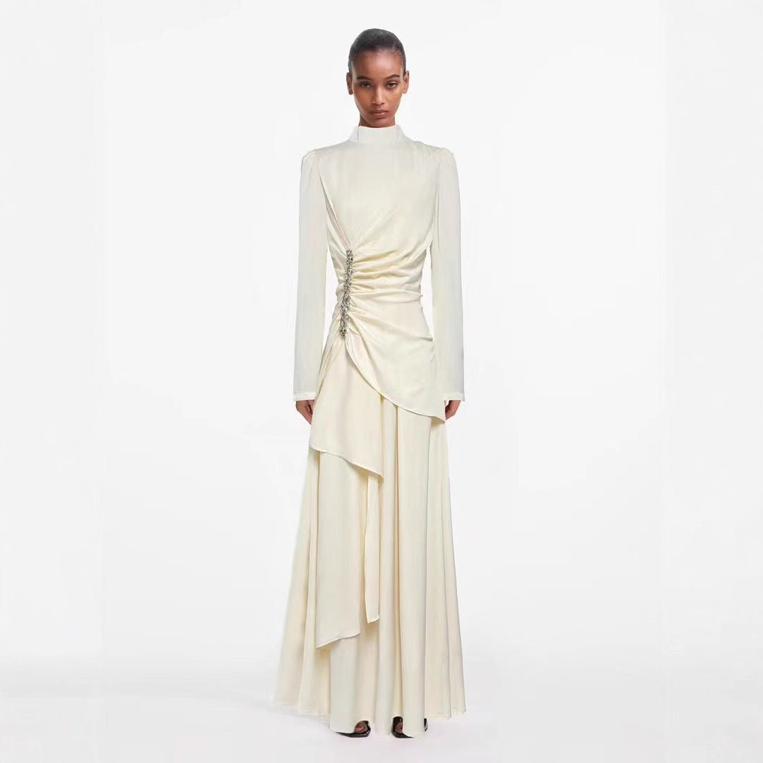 Front view of crystal-embellished satin maxi dress in ivory cream