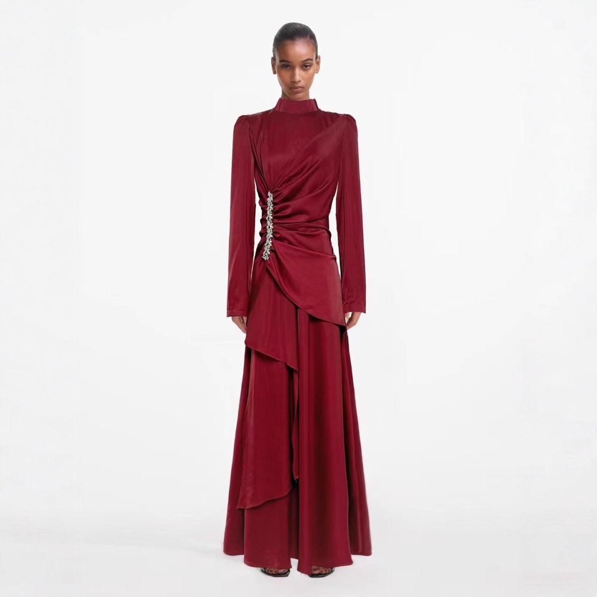 Crystal Ruched Dress – Asymmetric Ruffle Skirt Formal Dress