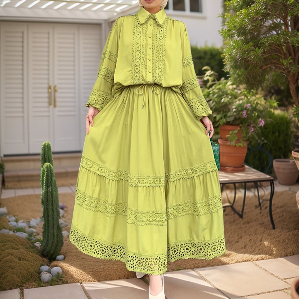 White Victorian inspired modest set with cutwork detail and tiered hem