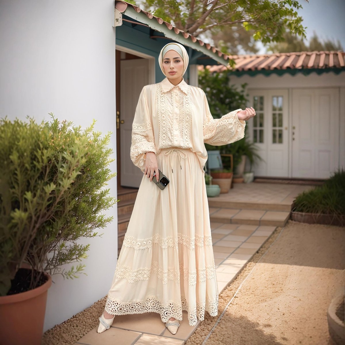 Tiered maxi skirt from modest set with flowing layered construction
