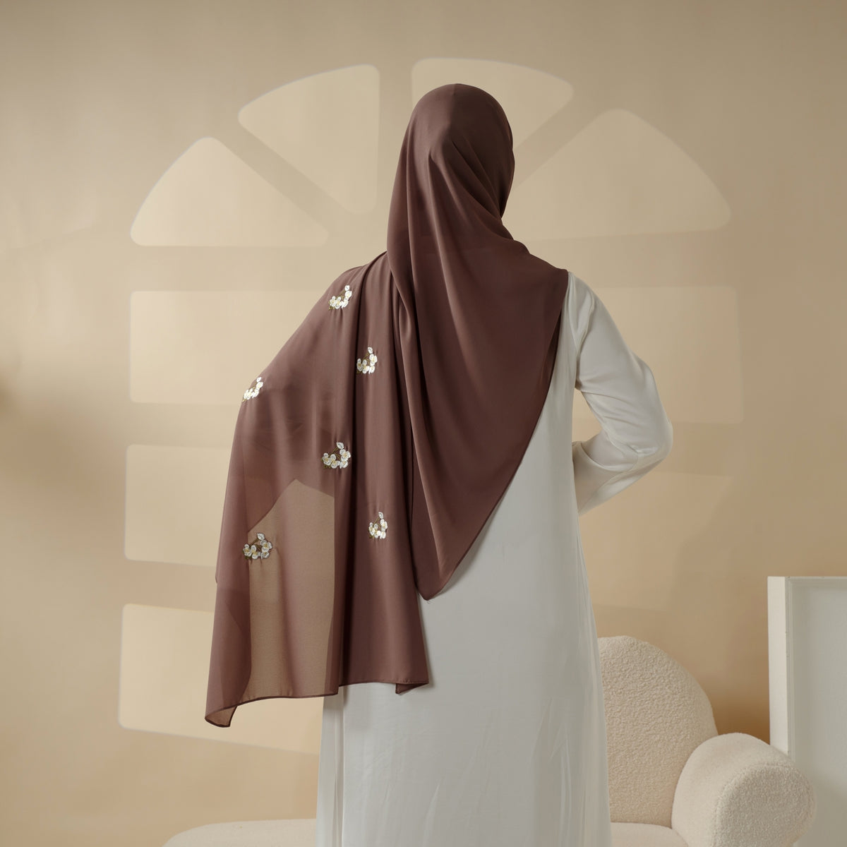 Plain Chiffon Shawl Hijab With Embroidery, Extra - Fine Embroidered Hijab (MH077) - Mariam's Collection