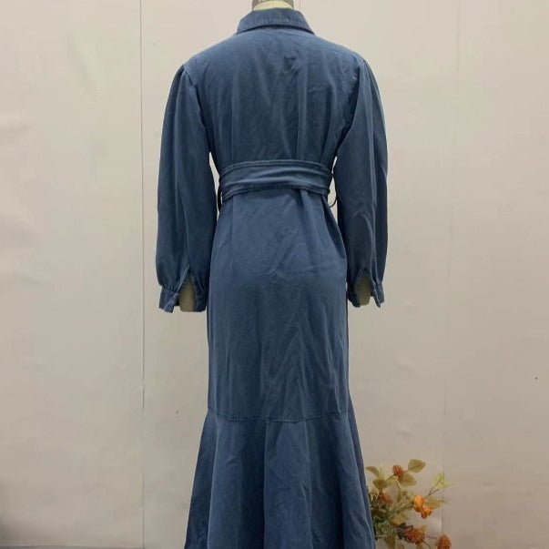 Zipper-front placket and classic collar detail on the modest denim shirt dress