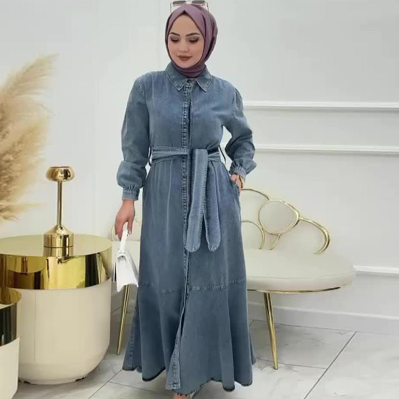Denim Shirt Dress Abaya – Belted Tiered Abaya Maxi