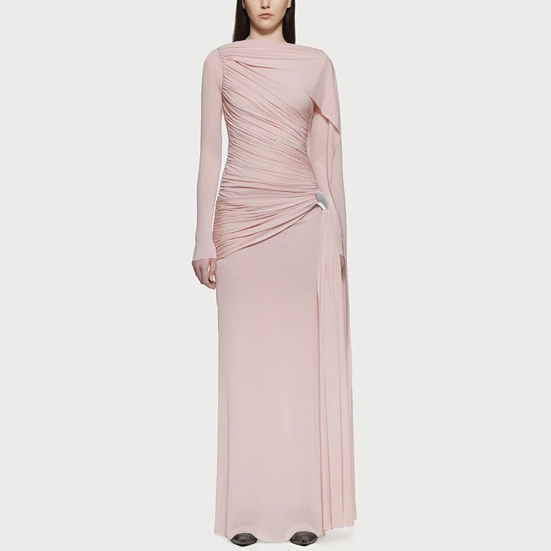 Diagonal Ruched Cape Gown | Asymmetric Draped Long Sleeve Maxi Dress(MS222) - Mariam's Collection