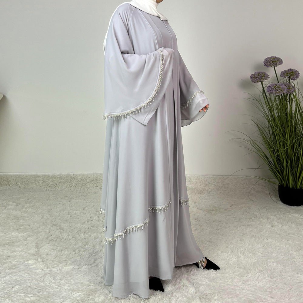 Diamond Beaded Fringe Flare Sleeve Chiffon Maxi Abaya Set. (MOA148) - Mariam's Collection