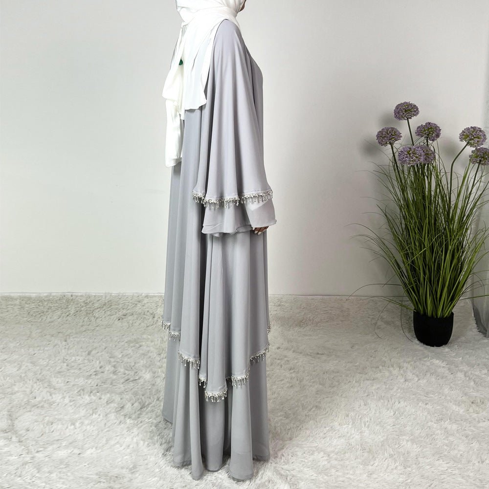 Diamond Beaded Fringe Flare Sleeve Chiffon Maxi Abaya Set. (MOA148) - Mariam's Collection
