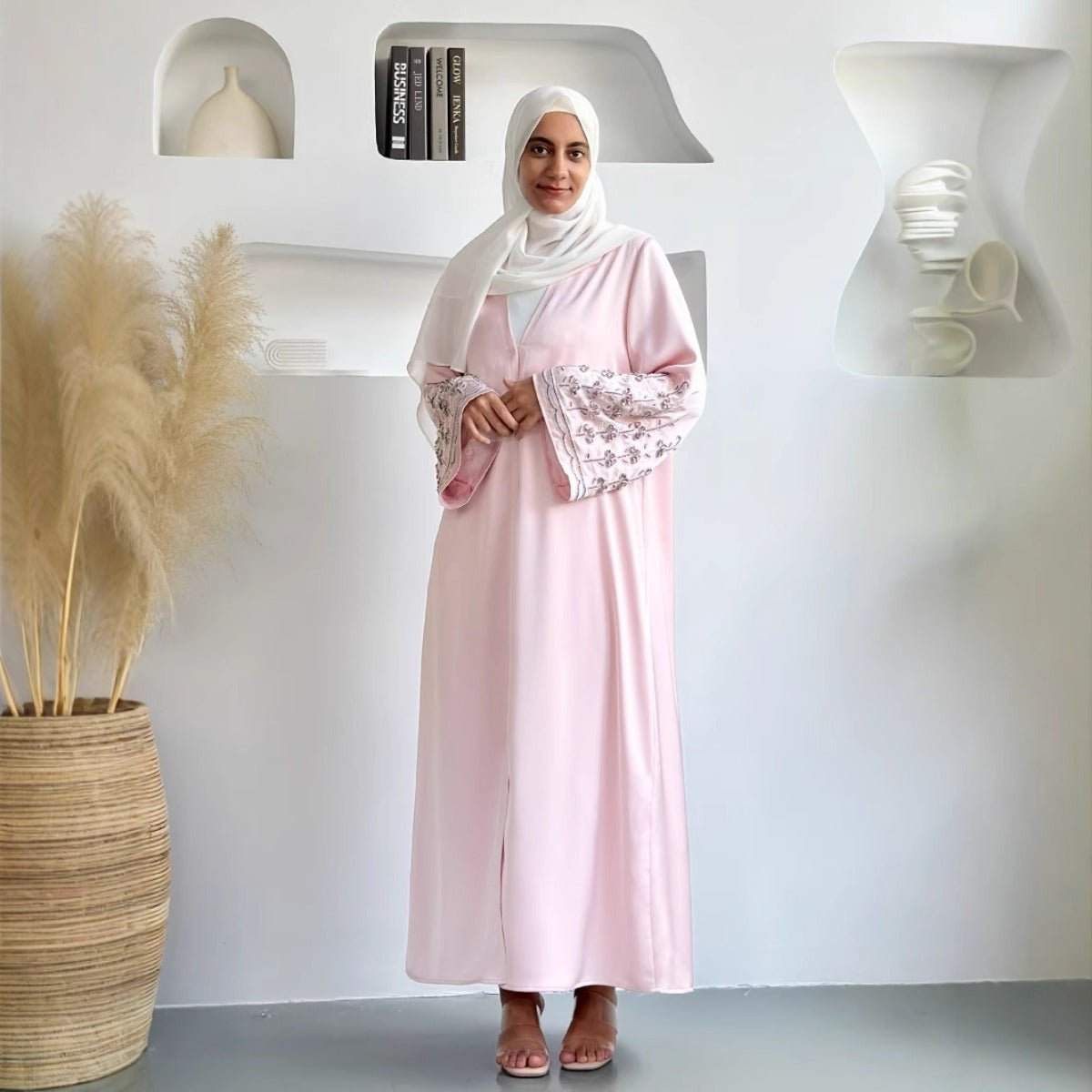 Diamond Glow Abaya Collection | Luxury Modest Fashion White & Blush Pink Embroidered Robes with Floral Sleeves(MOA205) - Mariam's Collection