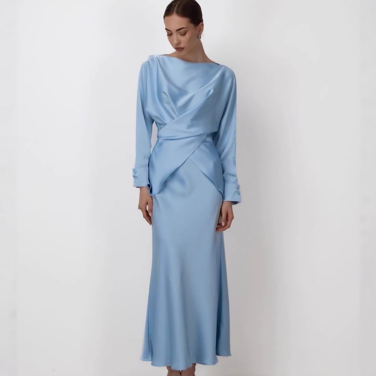 Draped Wrap Top Skirt Set – Satin Maxi Skirt Suit Set