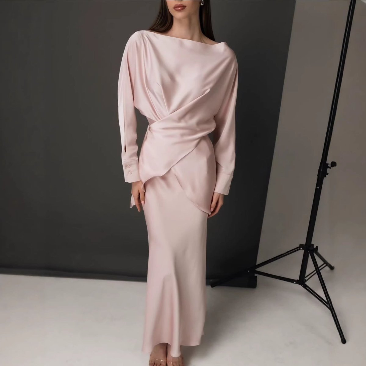 Draped Wrap Top Skirt Set – Satin Maxi Skirt Suit Set