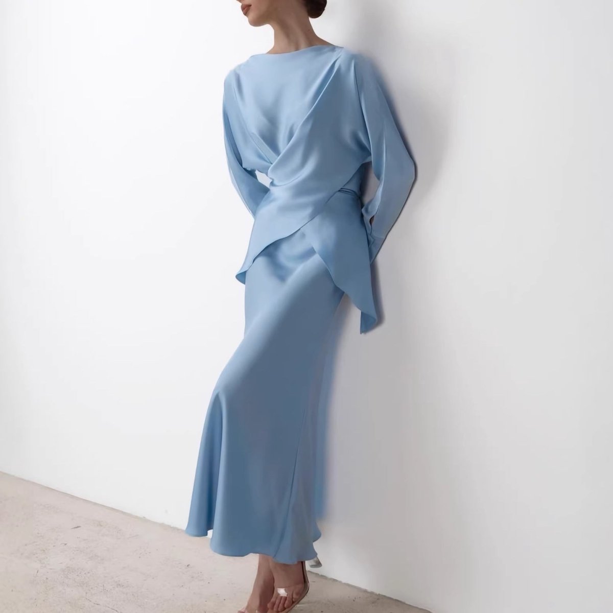 Draped Wrap Top Skirt Set – Satin Maxi Skirt Suit Set