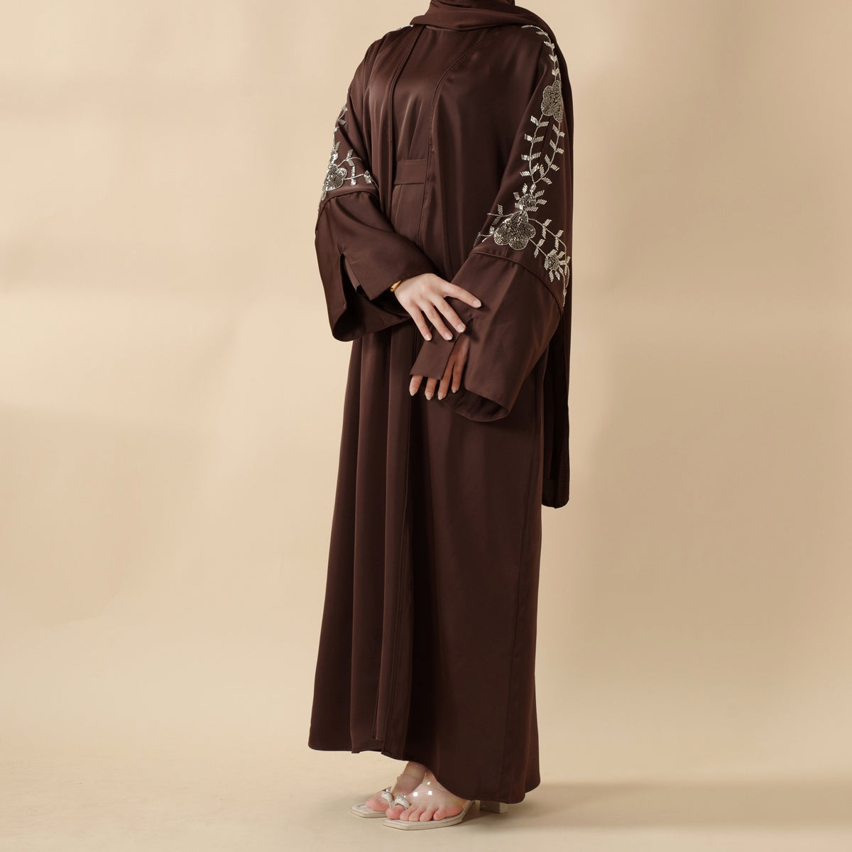 Archive Piece Beaded Rose Embroidery Satin Abaya 2-Piece Set - MP028 (Size M Only)
