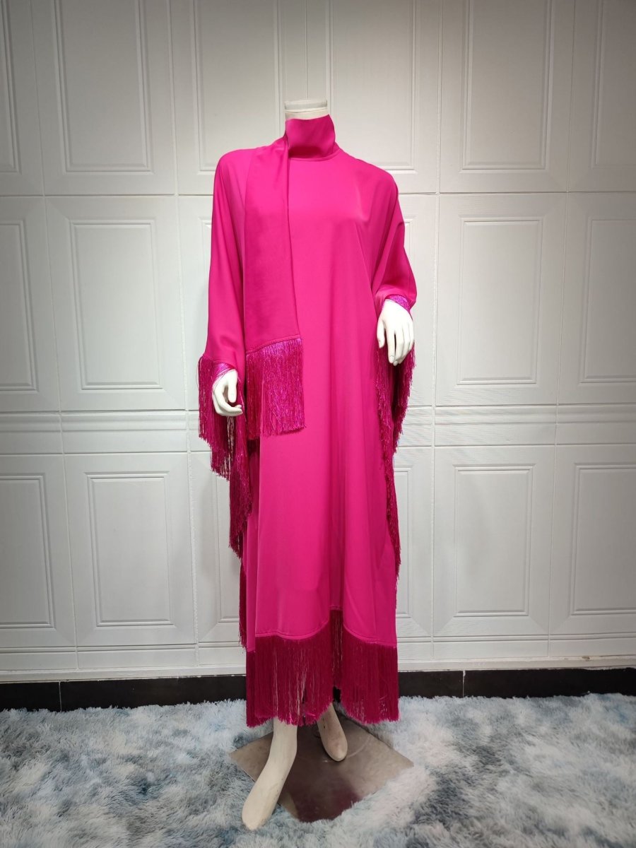 Elegant Bat Sleeve Tassel Kaftan | High Fashion Modest Party Dress with Flowy Fringe Details(MA288) - Mariam's Collection