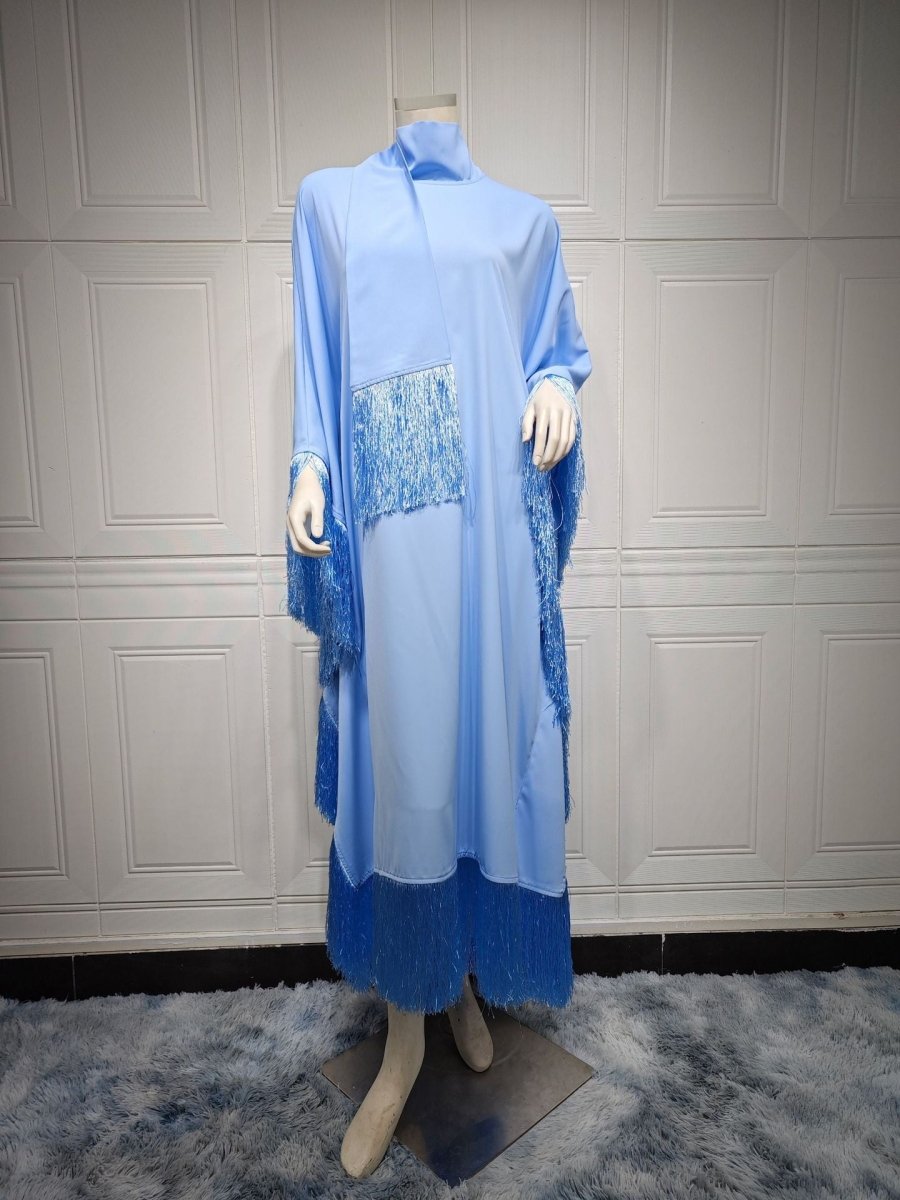 Elegant Bat Sleeve Tassel Kaftan | High Fashion Modest Party Dress with Flowy Fringe Details(MA288) - Mariam's Collection