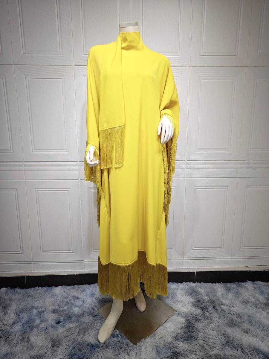 Elegant Bat Sleeve Tassel Kaftan | High Fashion Modest Party Dress with Flowy Fringe Details(MA288) - Mariam's Collection