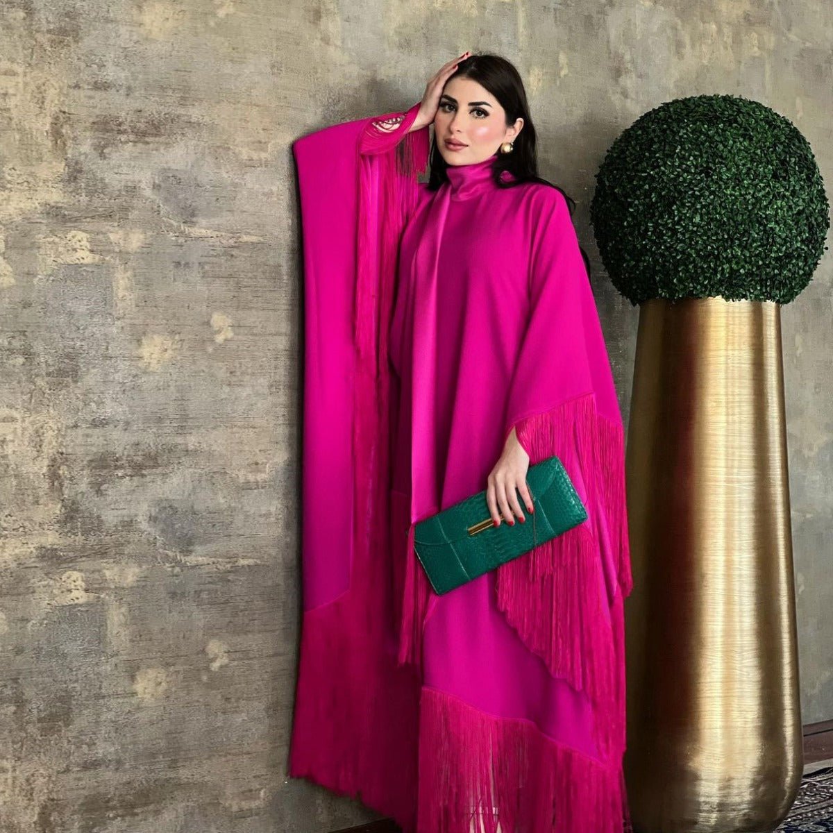 Elegant Bat Sleeve Tassel Kaftan | Party Dress with Flowy Fringe Details