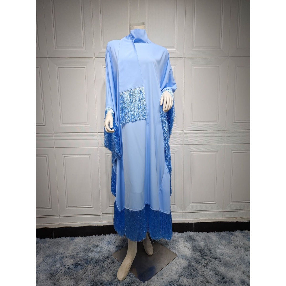 Elegant Bat Sleeve Tassel Kaftan | High Fashion Modest Party Dress with Flowy Fringe Details(MA288) - Mariam's Collection
