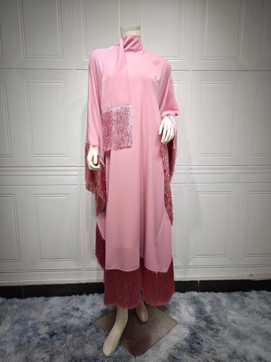 Elegant Bat Sleeve Tassel Kaftan | High Fashion Modest Party Dress with Flowy Fringe Details(MA288) - Mariam's Collection