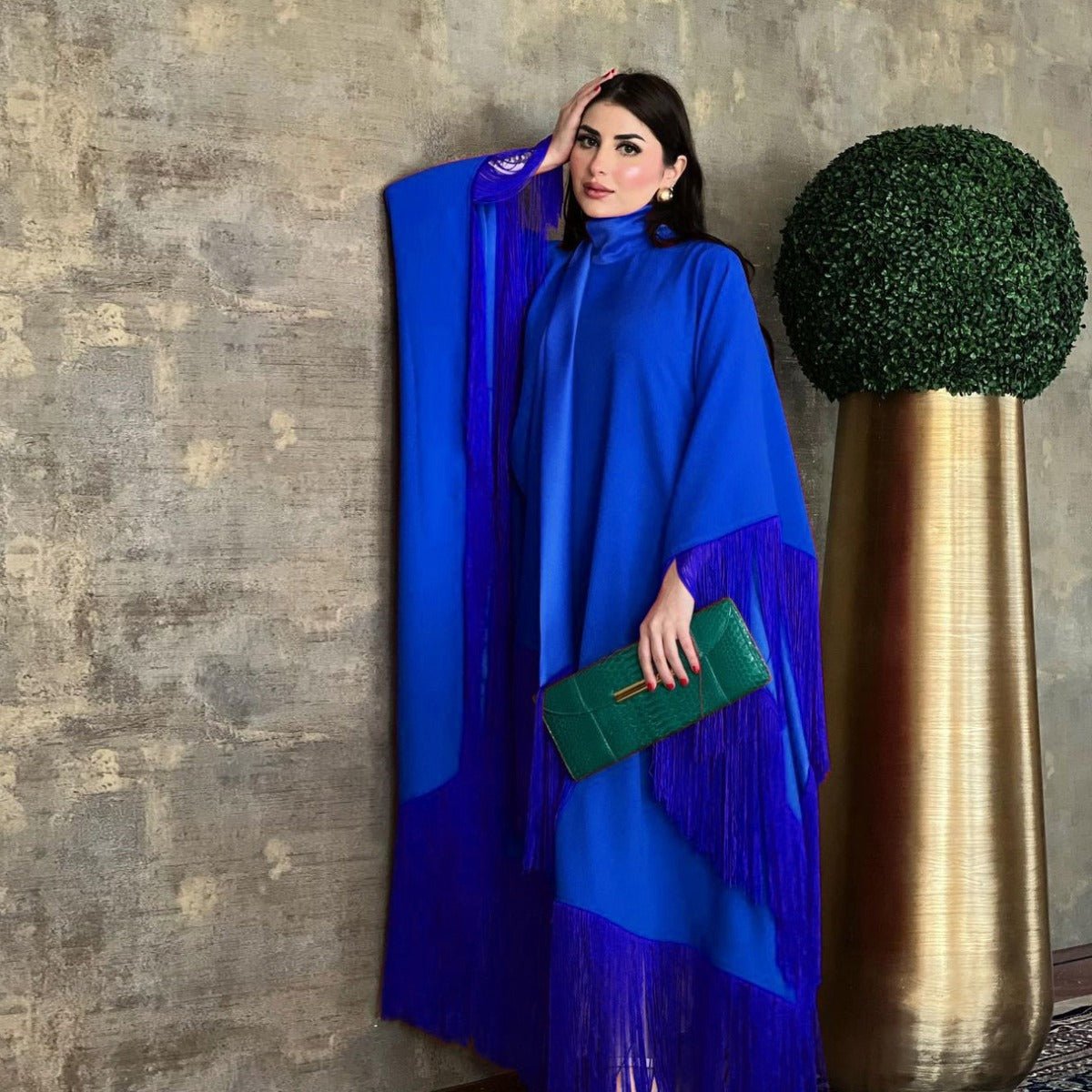 Elegant Bat Sleeve Tassel Kaftan | High Fashion Modest Party Dress with Flowy Fringe Details(MA288) - Mariam's Collection