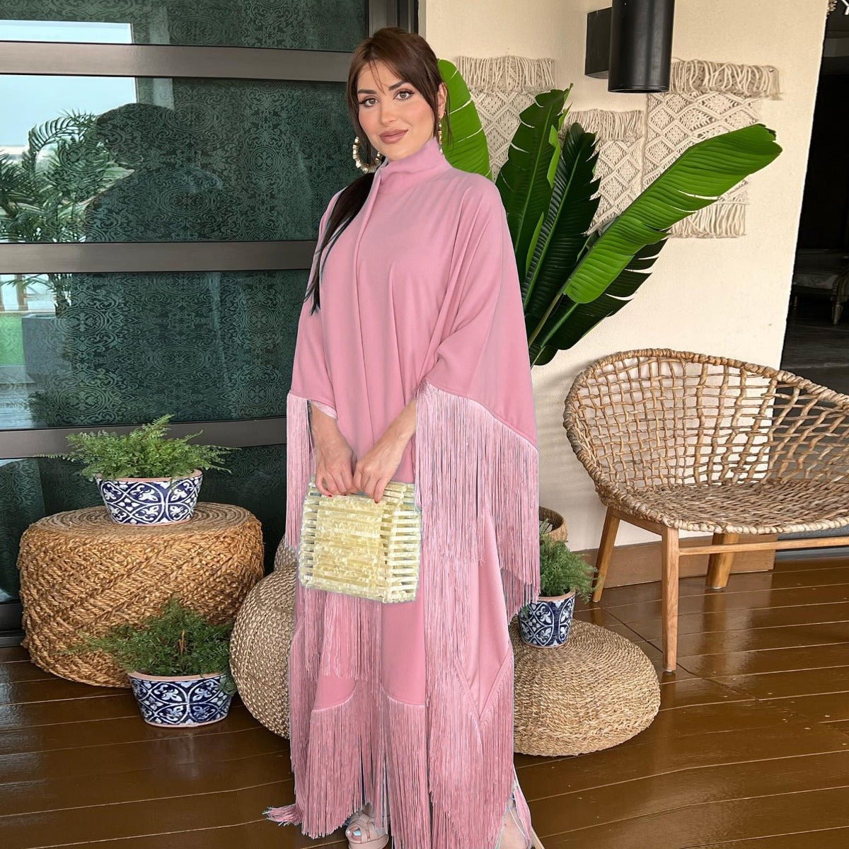 Elegant Bat Sleeve Tassel Kaftan | Party Dress with Flowy Fringe Details